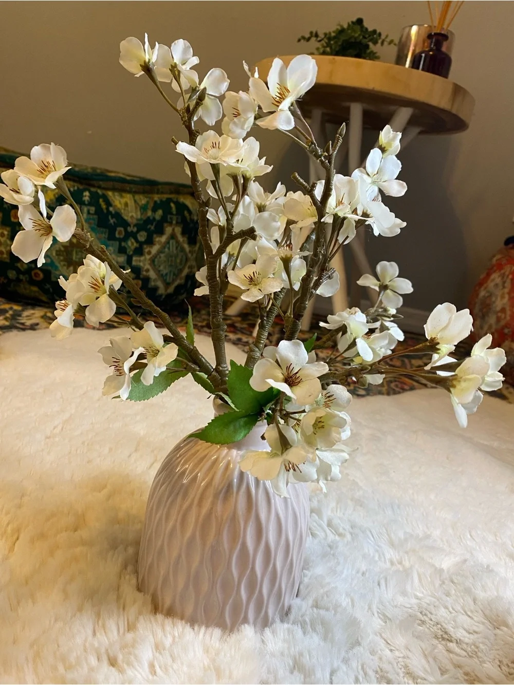 Blush Pink Ceramic Vase with White Blossom Stems - Home Accents